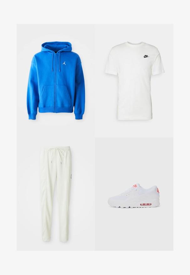 Blue zip-up hoodie made of soft fabric, featuring a kangaroo pocket, drawstring hood, and white Jordan logo on the left chest.; White cotton t-shirt with short sleeves, round neckline, and a black Nike logo on the left chest area. Smooth texture and classic fit.; White slim-fit jogger pants with elastic waistband and drawstring, featuring side seam detailing and a small black patch on the right leg.; White athletic sneaker featuring a smooth upper, lace closure, cushioned sole, and a visible air unit with red accents on the branding.