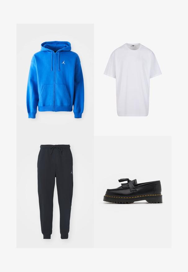 Felpa blu con zip, realizzata in tessuto morbido, con tasca a marsupio, cappuccio regolabile e logo Jordan bianco sul lato sinistro del petto.; Maglietta bianca in cotone con maniche corte, scollatura rotonda, vestibilità comoda e senza loghi o motivi visibili. Texture liscia e design minimale.; Pantaloni jogger neri realizzati in tessuto morbido, dotati di una vita elastica con coulisse, polsini a costine e un piccolo logo sulla coscia sinistra.; Mocassino in pelle nera con un'accento a frange, dotato di una suola nera spessa e cuciture gialle lungo il bordo. Finitura testurizzata.
