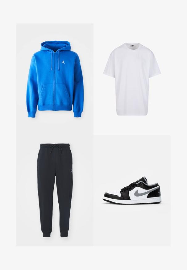 Sudadera azul con cremallera hecha de tejido suave, con un bolsillo tipo canguro, capucha con cordón y el logo blanco de Jordan en el lado izquierdo del pecho.; Camiseta blanca de algodón con mangas cortas, cuello redondo, corte relajado y sin logotipos ni patrones visibles. Textura suave y diseño minimalista.; Pantalones de chándal negros hechos de tela suave, con una cinturilla elástica con cordón, puños acanalados y un pequeño logo en el muslo izquierdo.; Jordan AIR JORDAN 1 LOW - Zapatillas - black/particle grey-white