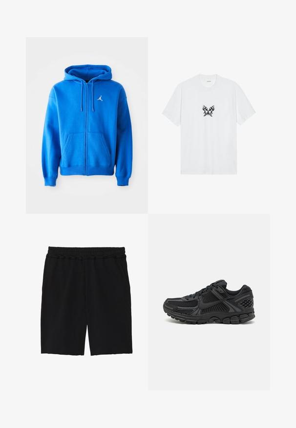Zils zipa džemperis, izgatavots no mīksta auduma, ar kengura kabatu, regulējamu kapuci un baltu Jordana logo kreisajā krūtī.; Balta kokvilnas t-kreklis ar īsām piedurknēm un apaļu izgriezumu. Centrā ir melna uguns raksta tauriņa grafika. Gluda tekstūra.; Melni kokvilnas šorti ar elastīgu jostu, divām sānu kabatām, brīvu piegriezumu un neapstrādātiem maliņām, kas piešķir ikdienišķu izskatu.; Melna sporta apavi ar tīkla augšdaļu, gumijas zoli un teksturētām detaļām. Dizainā ir izteikta šņorēšanas sistēma un mīkstināta zole.