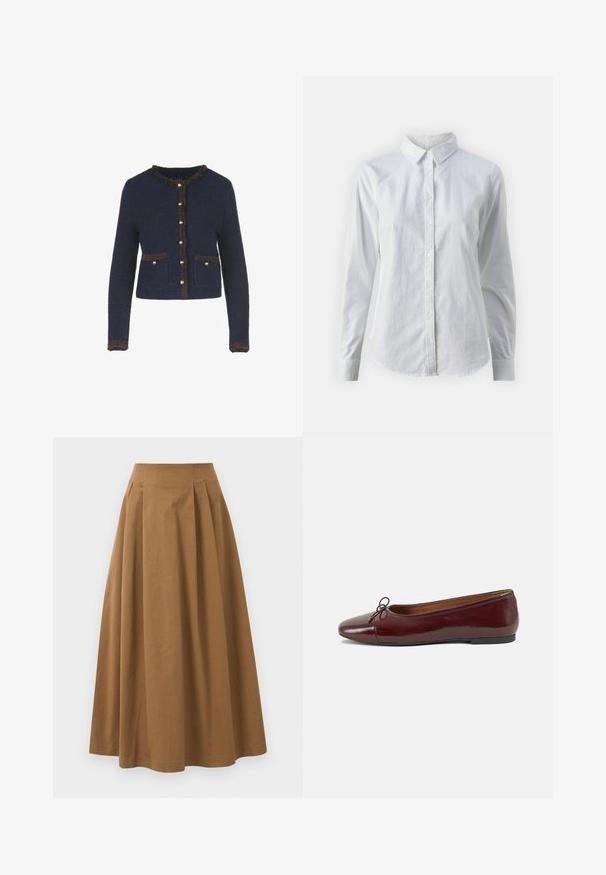 Granatowy sweter z dzianiny z długimi rękawami, ozdobiony brązowym frędzlami, złotymi guzikami oraz dwiema przednimi kieszeniami.; Biała koszula zapinana na guziki, wykonana z gładkiej bawełny, z klasycznym kołnierzykiem, długimi rękawami i zaokrąglonym dołem. Guziki są małe i białe.; Brąskowa bawełniana spódnica w kształcie litery A z wysokim stanem, z plisami z przodu i gładką fakturą. Wykończenia dołu są czyste i proste.; Bordowe baleriny z lakierowanej skóry z zaokrąglonym noskiem, małą kokardką z przodu oraz niską, czarną gumową podeszwą. Gładka tekstura.