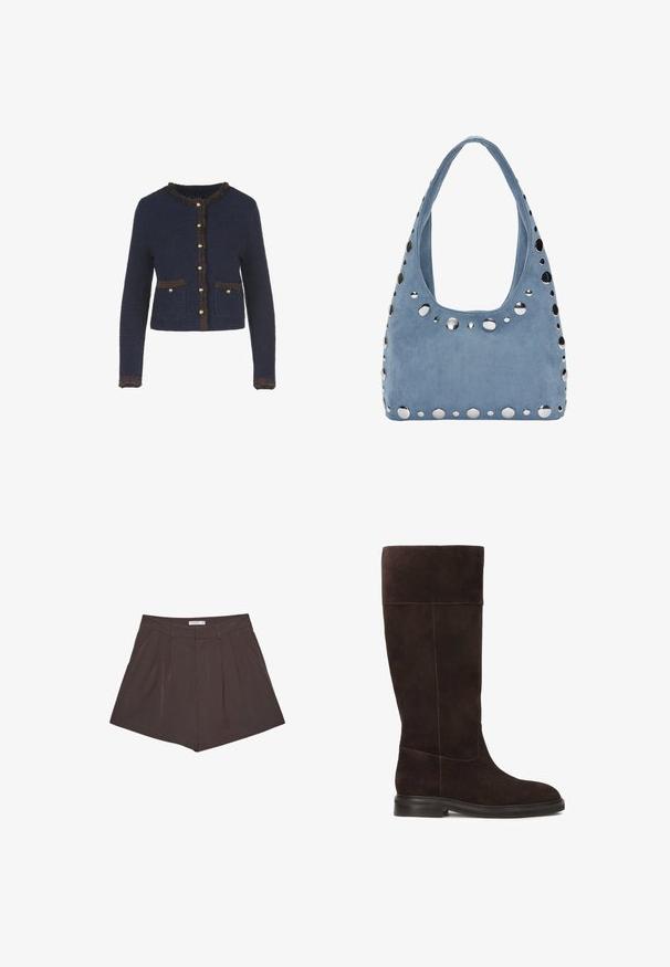 Navy blue knitted cardigan with long sleeves, featuring a fringed brown trim, gold-tone buttons, and two front pockets.; White long-sleeve shirt with a collar, button front, two chest pockets, straight hem, and slightly flared sleeves made from smooth fabric.; Brown pleated shorts with vertical pinstripes, featuring a flat waistband and a tailored silhouette. Short length with clean seams.; Brown suede knee-high boot with a flat sole, soft texture, and contrast stitching detail along the seams. Side panel design for fit.; Suede blue handbag with rounded shape, accentuated by metallic studs along the edges and a wide shoulder strap. Smooth texture.