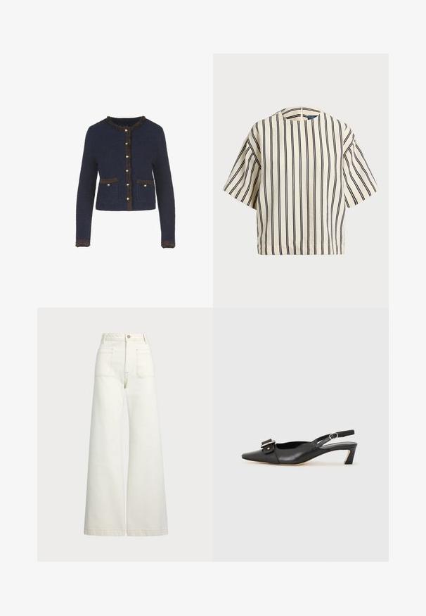 Temno modra pletena jopica z dolgimi rokavi, okrašena s frfotavim rjavim robom, z zlatimi gumbi in dvema sprednjima žepekoma.; Kratek rokav, prugast top v kremni in mornarsko modri barvi, z okroglim izrezom in kvadratnim dizajnom ter teksturirano tkanino.; Široke jeans hlače v off-white denim tkanini. Visok pas z gumbnim zapiranjem, dvema sprednjima žepoma in detajli kontrastnega šivanja.; Črne usnjene slingback čevlje z ostrim nosom, majhnim petam in dekorativno sponko na zgornjem delu. Gladka tekstura, minimalistična zasnova.