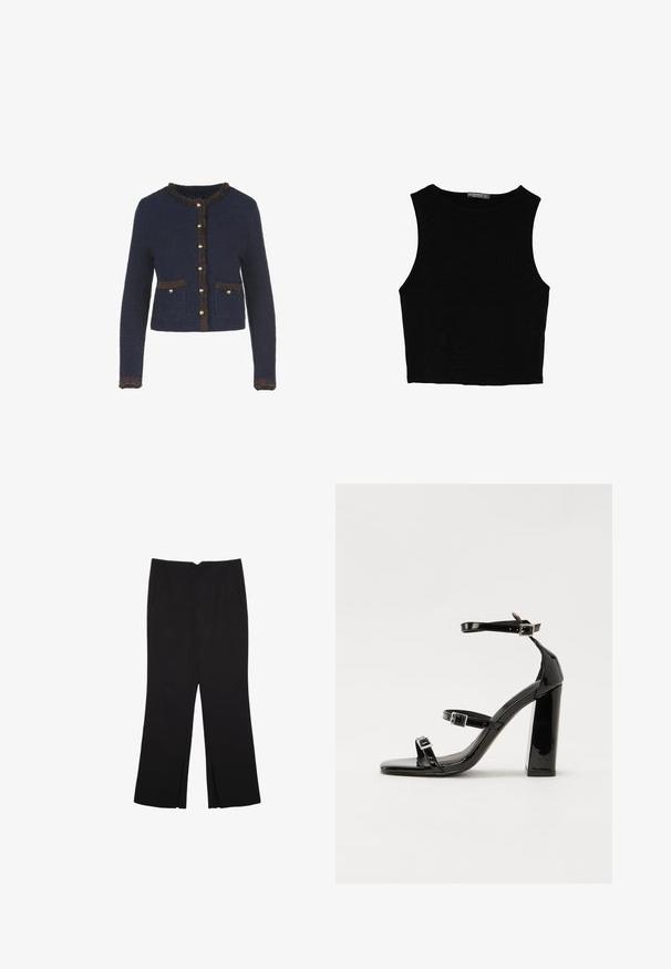 Tummansininen neulecardigan, jossa on pitkät hiukset, koristeelliset ruskeat reunat, kultasävyiset napit ja kaksi etutaskua.; Musta hihaton crop-top, joka on valmistettu sileästä kankaasta, jossa on pyöreä kaula-aukko ja siisti, yksinkertainen muotoilu ilman kuvioita tai varusteita.; Mustat housut suoralinjaisella leikkauksella, joissa on etutaskut ja sivurei'ät helman alla. Valmistettu pehmeästä ja sileästä kankaasta. Sopii eri tilaisuuksiin.; Musta kiiltävä korkokenkä sandaalit neliönmuotoisella varpaalla, nilkkaremmillä ja hopeisilla soljilla. Varustettu tukevalla lohkokorkealla vakauden takaamiseksi.