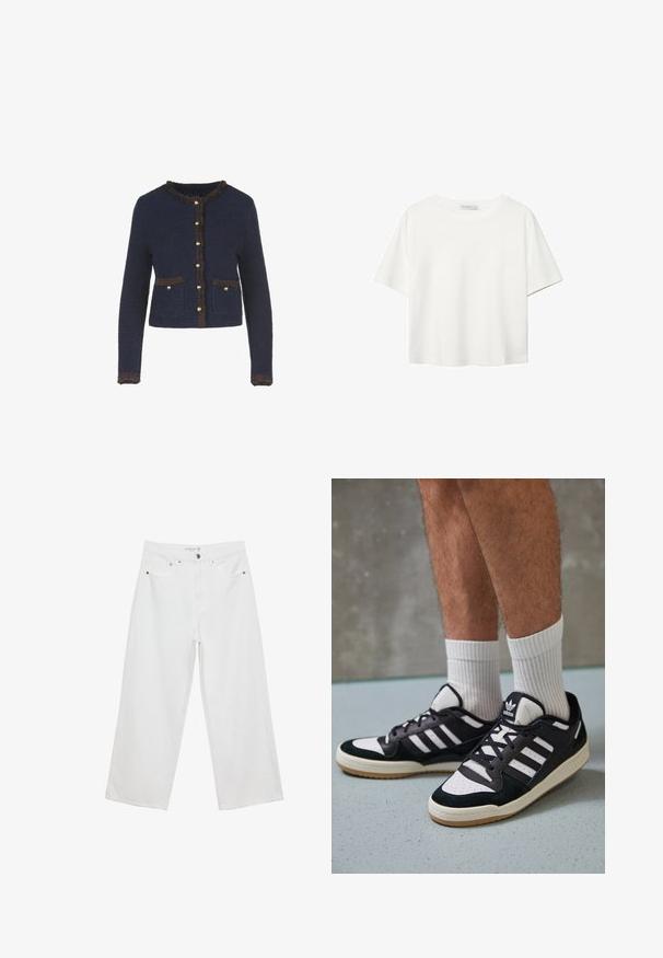 Námornícky modrý pletený kardigán s dlhými rukávmi, s franjami v hnedej farbe, zlatými gombíkmi a dvoma prednými vreckami.; Biela krátkopsová tričko vyrobené z bavlny. Má okrúhly výstrih a voľný strih. Hladká textúra bez viditeľných vzorov alebo akcentov.; Biele široké džínsy z denimu s vysokým pásom, vybavené piatimi vreckami a kovovými doplnkami. Hladká textúra, žiadne viditeľné vzory.; Čierno-biele tenisky s vrchom z semišu a kože, s troma bielymi pruhmi, perforovanou špičkou a gumovou podrážkou.