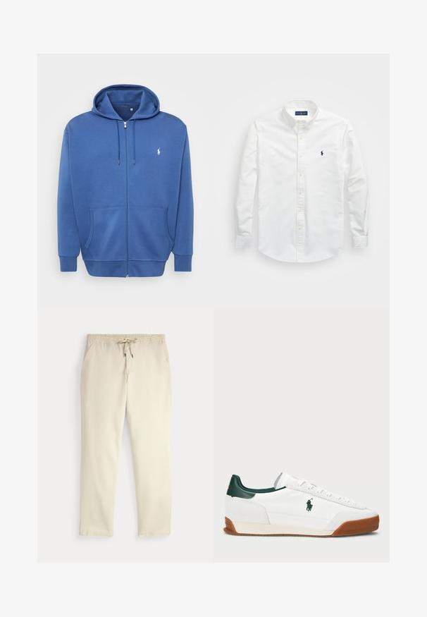 Blå zip-up hettegenser med snøring i hetta, kengurulommer, ribbede mansjetter, og en hvit polo-logo på venstre bryst. Laget av myk bomullsblanding.; Hvit skjorte med knapper laget av bomull. Har spiss krage, lange ermer og en liten marineblå logo på brystet. Glatt tekstur.; Off-white kosebukser med elastisk midje og snor, rette ben og sidelommer mot en ensfarget bakgrunn.; Hvite sneakers med grønne lærdetaljer og en tan gummisåle. Har en stoffoverdel og en fremtredende logo på siden. Snøring.