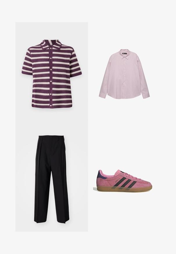 Lyhythihainen kardiganit violettien ja valkoisten raitojen kanssa, jossa on kauluksellinen pääntie ja nappi etulukitus. Kevyt, avosilmukkatekstuuri.; Vaaleanpunainen nappipaita, jossa on pystysuunnassa sinisiä raitoja, kauluspäällinen, pitkät hihat ja löysä istuvuus. Valmistettu sileästä kankaasta, jossa on hieno kiilto.; Mustat laskostetut housut, joissa on suora, leveä lahje. Valmistettu sileästä kankaasta, jossa on nappisuljenta ja vyölenkit.; Vaaleanpunaiset mokkanahkakengät mustilla raidoilla, kumipohjalla ja teksturoidulla purppurakorkealla. Varustettu nauhakiinnityksellä ja kohokuvioidulla brändäyksellä sivussa.