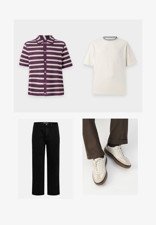 Cardigã de manga curta em malha riscada em roxo e branco com decote tipo colarinho e fecho frontal com botões. Textura leve e com trama aberta.; T-shirt de algodão em cor creme com mangas curtas, apresentando um decote redondo realçado por listras em azul-marinho e branco. Textura suave, corte descontraído.; Calças de ganga pretas com corte reto, design clássico de cinco bolsos e fecho de botão na cintura. Textura suave e tecido durável.; Tênis bege com frente em camurça texturizada, lados em couro liso e sola em borracha marrom. Inclui cadarços e detalhes de costura clara.