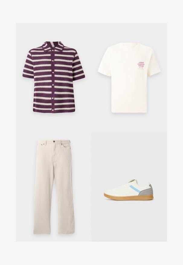 Lühikeste varrukatega kardigan, violetse ja valge triibulise kudumisega, kaelusega ja nööbiga esituses. Kerge avatud kudumise tekstuur.; Valge lühikeste varrukatega T-särk, millel on vasakul rinnal punane tekst "Studio Originals Edition", esitatud neutraalsel hallil taustal.; Bežist korduroopüksid sirge lõikega, ribakujulise tekstuuriga, viie tasku disainiga ja nööpidega sulgemisega.; Kreemjas ülaosas sneakerid, sinise küljeriba ja halli kontsa aktsendiga. Omab tekstuurset disaini ja kummist tallat.