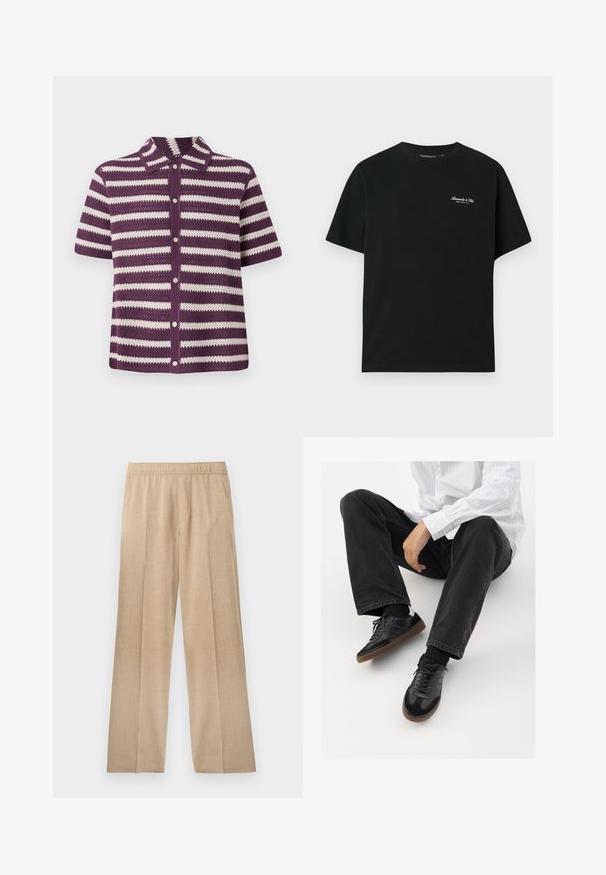 Kortärmad kofta i lila och vitrandig stickning med krage och knappstängning fram. Lättviktig öppen vävstruktur.; Svart bomullströja med korta ärmar, rundad hals och liten vit textlogotyp på övre vänstra bröstet. Slät textur, avslappnad passform.; Beige vida byxor tillverkade av strukturväv, med elastiskt midjeband och utan synliga fickor eller dekorationer.; Svarta sneakers med en slät och texturerad ovandel, med en gummisula och mörka snören. I kombination med svarta jeans och en vit randig skjorta.