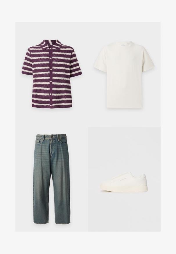 Cardigan cu mânecă scurtă, stripat în violet și alb, tricotat, cu guler și închidere frontală cu nasturi. Textură ușor din țesătură deschisă.; Tricou alb cu maneci scurte, dintr-un material ribbed. Guler rotund, croi lejer, fără modele sau accente vizibile. Design simplu și versatil.; Jeans din denim bleu deschis, cu o croială lejeră, talie medie și picioare drepte. Au cinci buzunare, bucle pentru curea și închidere cu nasture.; Tenisi albi slip-on cu o suprafață texturată, talpă groasă și un design minimalist. Prezintă logo-ul brandului pe lateral.