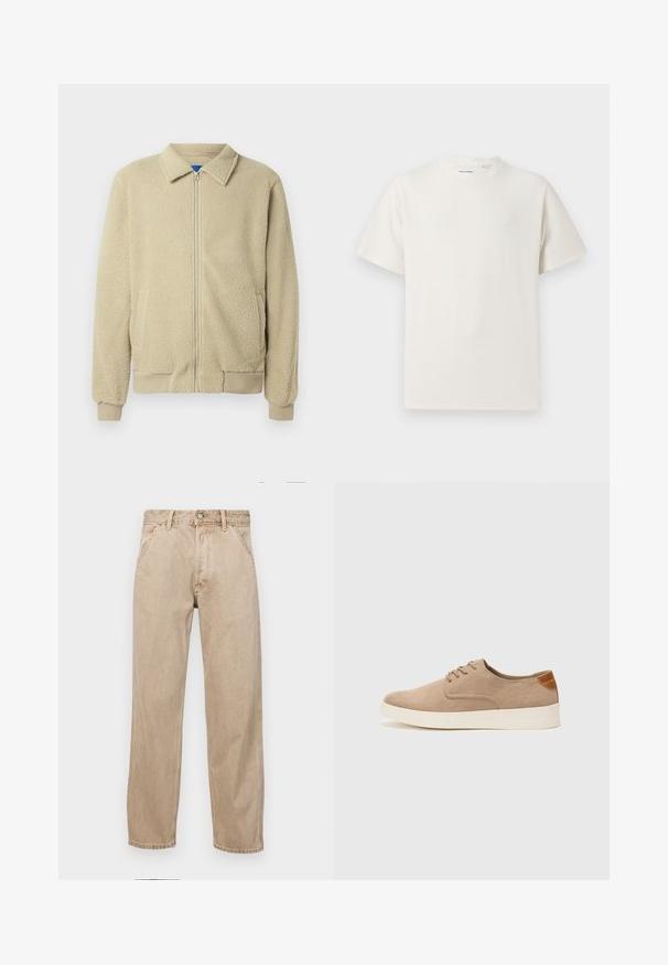 Giacca in pile beige con zip frontale, collo alto, due tasche laterali, polsini e orlo a costine. La texture appare morbida e accogliente.; T-shirt bianca a maniche corte in texture a coste. Girocollo, vestibilità rilassata, senza modelli o accenti visibili. Design semplice e versatile.; Jeans in denim beige con un design a gamba dritta, dotati di tasche frontali, chiusura con bottone metallico e una texture delicata.; Sneaker in suede beige con punta arrotondata, stringhe davanti e un accento testurizzato sul retro. La suola in gomma bianca offre un contrasto. Design semplice e moderno.