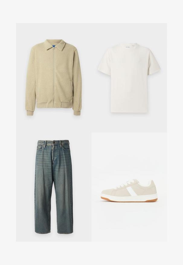 Jachetă bej din fleece cu fermoar în față, guler tip tunică, două buzunare laterale, manșete și tiv striate. Textura pare moale și confortabilă.; Tricou alb cu maneci scurte, dintr-un material ribbed. Guler rotund, croi lejer, fără modele sau accente vizibile. Design simplu și versatil.; Jeans din denim bleu deschis, cu o croială lejeră, talie medie și picioare drepte. Au cinci buzunare, bucle pentru curea și închidere cu nasture.; Tenisi bej cu accente albe, textură din suede, formă rotunjită, design cu șireturi și o talpă din cauciuc gumos în contrast.