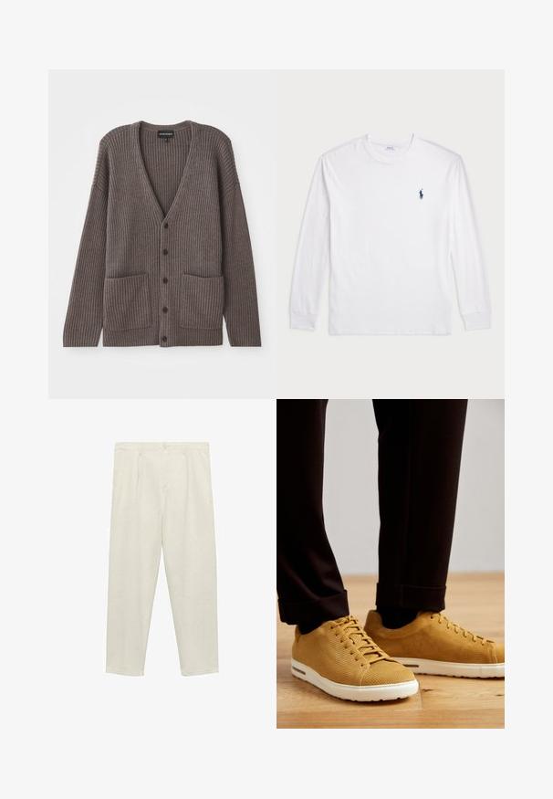 Temno siva rebrasta usnjena jopica z V-izrezom, dolgimi rokavi in dvema sprednjima žepoma. Zapenja se z petimi temnimi gumbi. Mehka tekstura.; Bela dolga majica s dolgimi rokavi iz bombaža. Ima okroglo ovratnico, rebraste manšete in majhen temno moder polo logo na levem prsnem delu.; Svetlo bež hlače ravnega kroja, narejene iz mehkega materiala, z visokim pasom, sprednjimi naborki, gumbnim zapiranjem in stranskimi žepi.; Rumene rebraste teniske z belimi podplati, zaobljenih prstov, z vezalkami in teksturirano površino, oblečene s črnimi hlačami z manšetami na lesenem tleh.