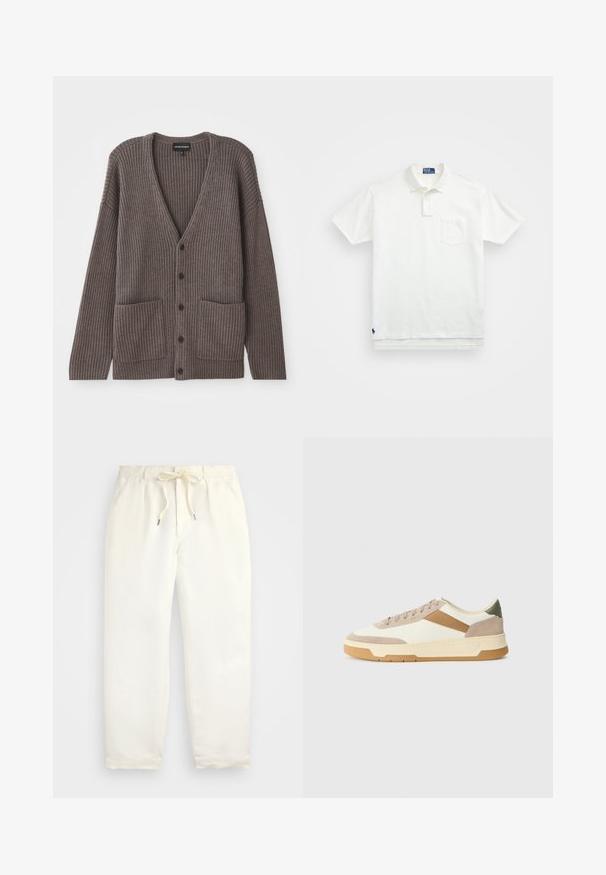 Tumehall ribakardigan V-kaelusega, pikkade varrukatega ja kahe eesmine taskuga. Suletud viie tumeda nööbiga. Pehme tekstuur.; Valge polo särk, mis on valmistatud puuvillast, klassikalise kraega, kolme nööbiga kinnitusega ja vasakul rinnal taskuga; väike logo helmel.; Hele kreemjad, mugavad püksid pehmest kangast. Omavad elastset vöökohta stringiga ning kitsenevat jala disaini.; Beige, kreemi ja oliivroheline spordijalats, mis on valmistatud nahast ja sametmaterjalist, ringikujulise varbaga, minimalistliku disainiga ja kummist tallaga.