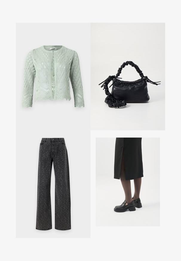 Világoszöld, horgolt kardigán nyitott mintával, háromnegyedes ujjakkal és ívelt szegéllyel. Kerek nyakkivágással és zárás nélkül készült.; Off-white kötött anyagú crop top. Hosszú ujjak, bordás textúrával és kis kivágásokkal a nyakkivágás körül.; Noisy May NMJANNEL LOOSE - Laza szabású farmerek - black denim; Fekete bőr cipők lekerekített orral, vastag blokk sarkakkal és elasztikus oldalsó díszítésekkel, sötét harisnyával és hasítékkal ellátott fekete szoknyával párosítva.; Fekete műbőr kézi táska krokodil bőr textúrával, összehúzható tetejű és gyűrt pánttal. Lágy és kompakt dizájnúnak tűnik.