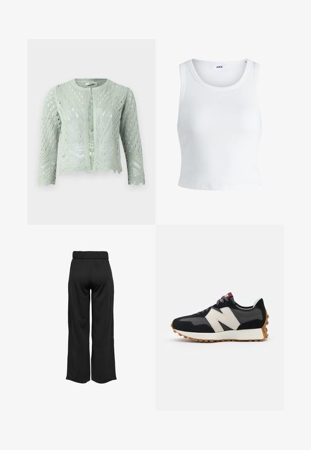 Svetlozelený pletený kardigán s vyšitým vzorom, trojštvrťové rukávy a scalloped lem. Navrhnutý s okrúhlym výstrihom a bez zapínania.; Biely rebrovaný tielko s okrúhlym výstrihom, bez rukávov a krátkou dĺžkou. Štítok znie "JJXX." Hladká textúra látky.; Čierne široké nohavice s elastickým pásom, vyrobené z hladkej tkaniny. Majú jednoduchý dizajn, bez vreciek alebo viditeľných švíkov.; Čierne a sivé semišové tenisky s veľkým krémovým logom "N", fialovými šnúrkami a textúrovanou gumovou podrážkou.
