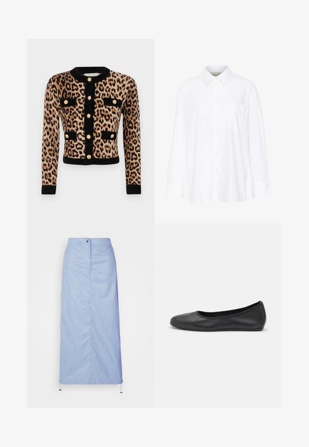 Leopard print cardigan with black cuffs and collar, featuring gold buttons and two chest pockets. Made from a textured, soft material.; White long-sleeve collared shirt made of cotton. Features a button-down front and a single chest pocket. Smooth texture, relaxed fit.; Light blue, mid-length skirt made of smooth, lightweight material with a straight cut, features a front button closure and drawstring hem.; Black leather ballet flat with a rounded toe, smooth texture, minimal stitching detail, and a flexible sole design.