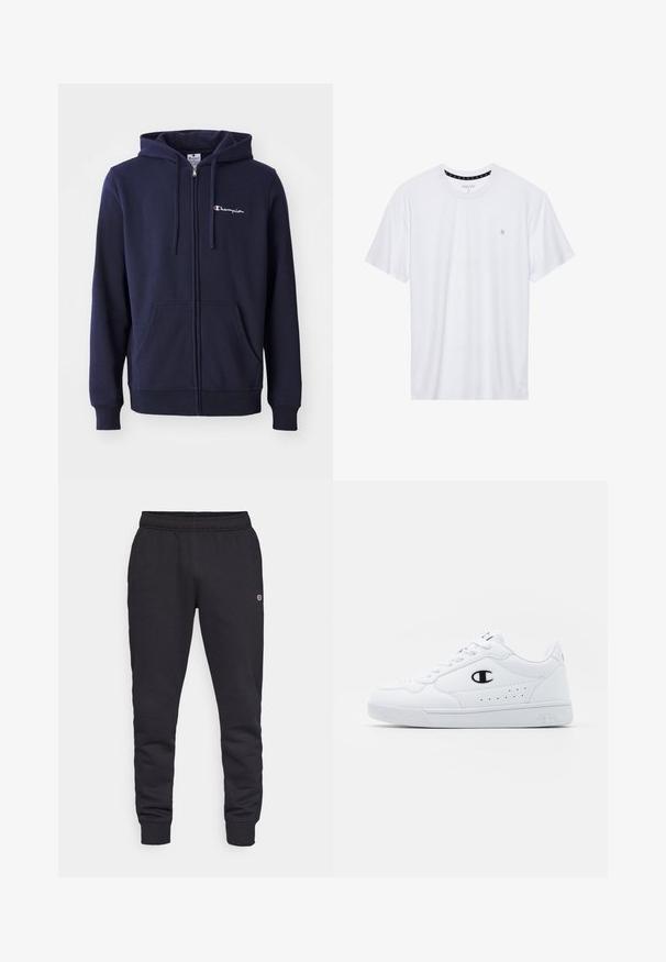 Marine modra zip-up kapuca iz mešane bombažne tkanine, z sprednjim logotipom, dvema stranskima žepoma in nastavljivo kapuco z vrvico.; Belo majica s kratkimi rokavi iz bombaža, z okroglim izrezom, ki na levem delu prsnega koša nosi majhen izvezen logotip. Mehka tekstura.; Črne bombažne trenirke z elastiko v pasu in pri manšetah. Imajo logo na strani. Gladka tekstura, zožena zasnova.; Bela atletska športna obutev z gladkim sintetičnim zgornjim delom, črnimi logotipnimi detajli in perforacijami na strani. Guma podplat.