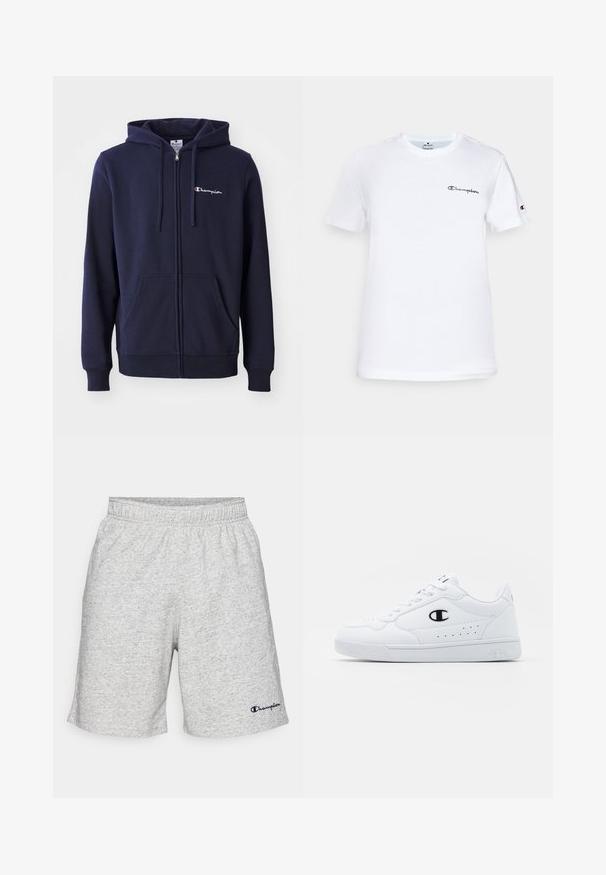 Mørkeblå hettegenser med glidelås laget av en bomullsblanding, med et frontlogo, to sidelommer og justerbar snorhette.; Hvit bomull t-skjorte med rund hals, kortermet, og med svart brodert "Champion" logo på brystet og på ermeakkcent.; Grå jersey-materiale shorts med elastisk linning og en marineblå "Champion"-logo på nedre venstre side.; Hvite atletiske joggesko med en glatt syntetisk overdel, svart logo-akcent og perforerte detaljer på siden. Gummisåle.