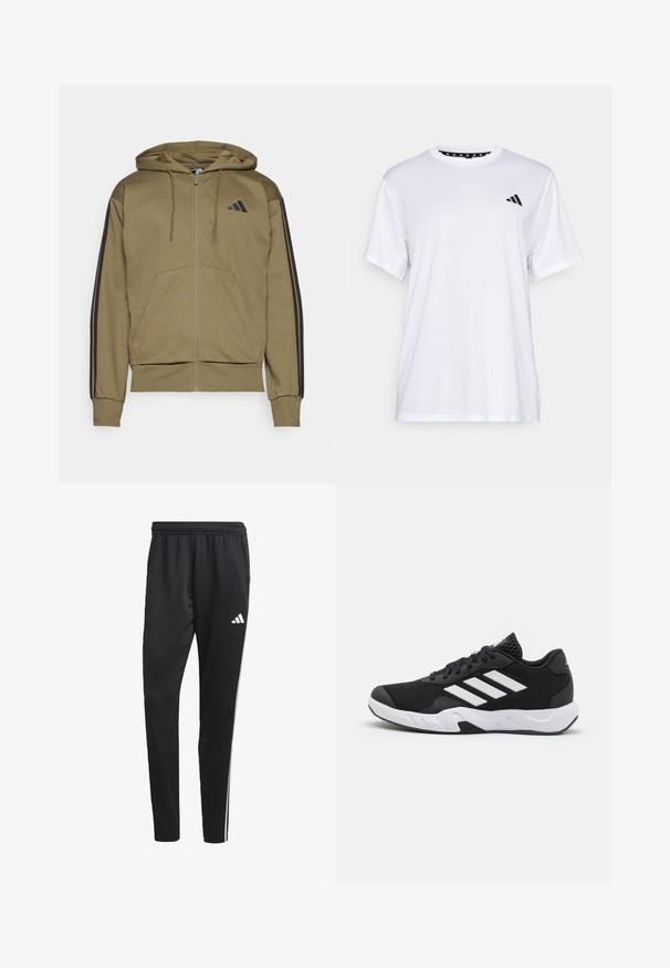 Sweatshirt com fecho éclair na cor verde oliva, com um bolso canguru, riscas laterais pretas e um pequeno logótipo preto no peito. Tecido macio com punhos canelados.; Camiseta atlética branca de mangas curtas, feita de tecido que absorve a humidade. Apresenta um logótipo preto no lado esquerdo do peito e um decote interior com padrão.; Calças de treino pretas com um cós elástico, riscas laterais brancas e um pequeno logotipo branco na coxa. Feitas de um material leve e suave.; Tenis negros desportivos com um superior em malha texturizada, riscas brancas de destaque, sola acolchoada e um calcanhar reforçado para suporte.