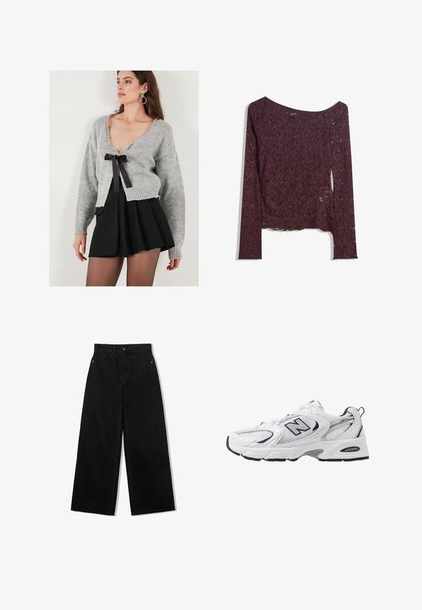 Szary dziergany kardigan z dekoltem w szpic, ozdobiony perełkowymi detalami oraz czarną wstążką związującą z przodu. Pod spodem czarna plisowana spódnica.; Koronkowa bluzka z długim rękawem w głębokim burgundzie, z odkrytymi ramionami, kwiatowymi wzorami i lekko przezroczystą strukturą oraz prostym dołem.; Czarne, szerokie dżinsy z denimu z wysokim stanem, z pięcioma kieszeniami i pojedynczym zapięciem na guzik z przodu.; Białe sportowe buty z siateczkową cholewką, granatowymi akcentami i wyściełaną podeszwą. Posiadają logo "N", sznurówki oraz teksturowany detal po boku.
