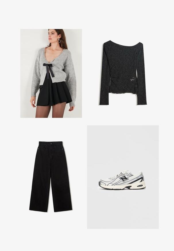 Szary dziergany kardigan z dekoltem w szpic, ozdobiony perełkowymi detalami oraz czarną wstążką związującą z przodu. Pod spodem czarna plisowana spódnica.; Czarny top z długim rękawem wykonany z teksturowanej tkaniny, z dekoltem w łódkę i szczegółami w postaci rozcięcia po boku, z falistym wzorem na całej powierzchni.; Czarne, szerokie dżinsy z denimu z wysokim stanem, z pięcioma kieszeniami i pojedynczym zapięciem na guzik z przodu.; Białe i szare sportowe sneakersy z czarnym logo "N", siateczkowa cholewka, wyściełana podeszwa oraz sznurowany design, pokazane na jednolitym jasnoszarym tle.