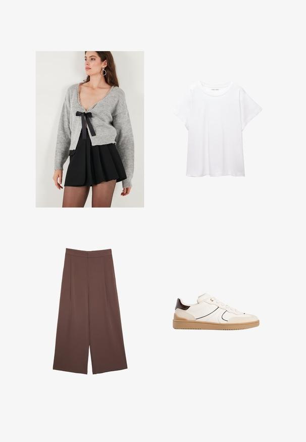 Šedý pletený cardigan s výstřihem do V, zdobený perlovými detaily a černou stuhou na uzel vepředu. Pod ním je černá skládací sukně.; Bílý tričko vyrobené z měkké, lehké tkaniny. Má kulatý výstřih a krátké, široké rukávy s uvolněným střihem. Bez viditelných vzorů.; Hnědé široké kalhoty s hladkou texturou, vysokým pasem a předními záhyby. Materiál je lehký a volně splývá.; Stradivarius Tenisky - white