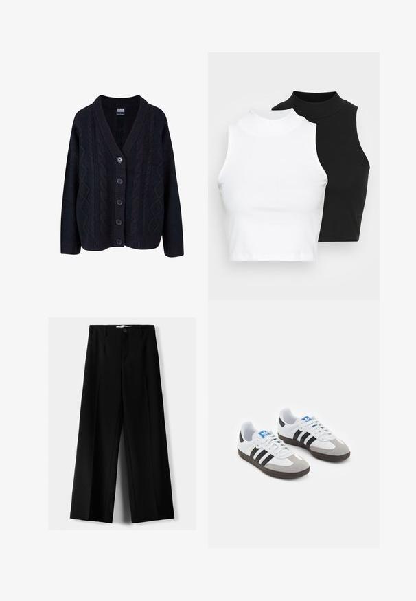 Zwarte kabelgebreide cardigan met een V-hals, knoopsluiting met vijf knopen en geribbelde manchetten. Zachte textuur met een relaxed fit ontwerp.; Twee mouwloze ribgebreide coltruien in zwart en wit, met een slim fit ontwerp en een gladde textuur, met een cropped lengte.; Zwarte wijde broek van lichtgewicht stof, met een knoopsluiting aan de voorkant en een vlakke achterkant, afgewerkt met keurig gestikte zoom.; Sportschoenen met een witte leren bovenkant, grijze suède neus en drie zwarte strepen. Bevat een blauw logo op de tong en een gestructureerde rubberen zool.