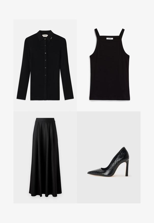 Juodas banguotas ilgarankovis kardiganas su įpjovu apykakle, priekiniais mygtukais ir mažo logotipo akcentu ant apykaklės. Lygus paviršius.; Juodas topas su plonais spaghetti petnešomis, pagamintas iš rausvos medžiagos, turintis tiesų kirpimą ir etiketę prie iškirpės, ant kurios parašyta "IVY OAK."; Juoda, iki žemės tiesi sijonas su lygiu paviršiumi, plačiu juosmeniu ir pūtimo dizainu, be matomų raštų ar puošmenų.; Juoda smailiakulnė aukšto kulno bateliai su krokodilo odos tekstūra, pasižymintys elegantišku dizainu, aukštu stiletu kulnu ir lygia juoda vidine dalimi.