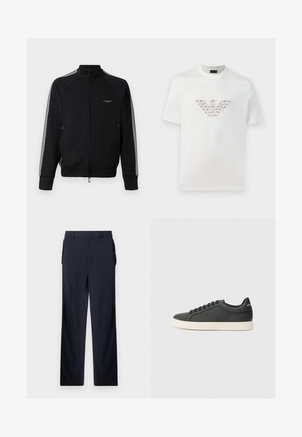 Μαύρο μπουφάν με φερμουάρ και ψηλό λαιμό, γκρι ρίγες στο πλάι, δύο τσέπες με φερμουάρ, υφασμάτινη υφή και ελάχιστο λογότυπο στο στήθος.; Λευκό βαμβακερό t-shirt με κοντά μανίκια και στρογγυλή λαιμόκοψη. Περιλαμβάνει ένα κεντρικό λογότυπο σε ροζ και καφέ αποχρώσεις.; Παντελόνι ναυτικού χρώματος από ελαφρύ ύφασμα, με χαλαρή γραμμή, επίπεδο μπροστινό μέρος και πλαϊνές τσέπες για πρακτικότητα. Λείο υφή, χωρίς ορατά μοτίβα.; Μαύρο δερμάτινο αθλητικό παπούτσι με χαμηλό προφίλ, στρογγυλή μύτη και κλείσιμο με κορδόνια. Διαθέτει υφή ελαστική σόλα και λεπτομέρεια λογότυπου στη φτέρνα.