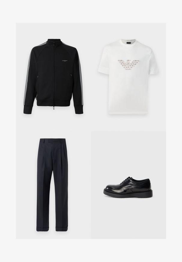 Veste à zip noir avec col montant, bandes latérales grises, deux poches zippées, tissu texturé et marquage minimal sur la poitrine.; T-shirt blanc en coton à manches courtes et col rond. Présente un logo central dans des nuances de rose et de marron.; Tiger of Sweden TREYTON - Pantalon classique - dark ink; Chaussure en cuir noir à lacets avec un bout rond, surface lisse et une semelle en caoutchouc épaisse dotée de légers rainurages pour une meilleure adhérence.