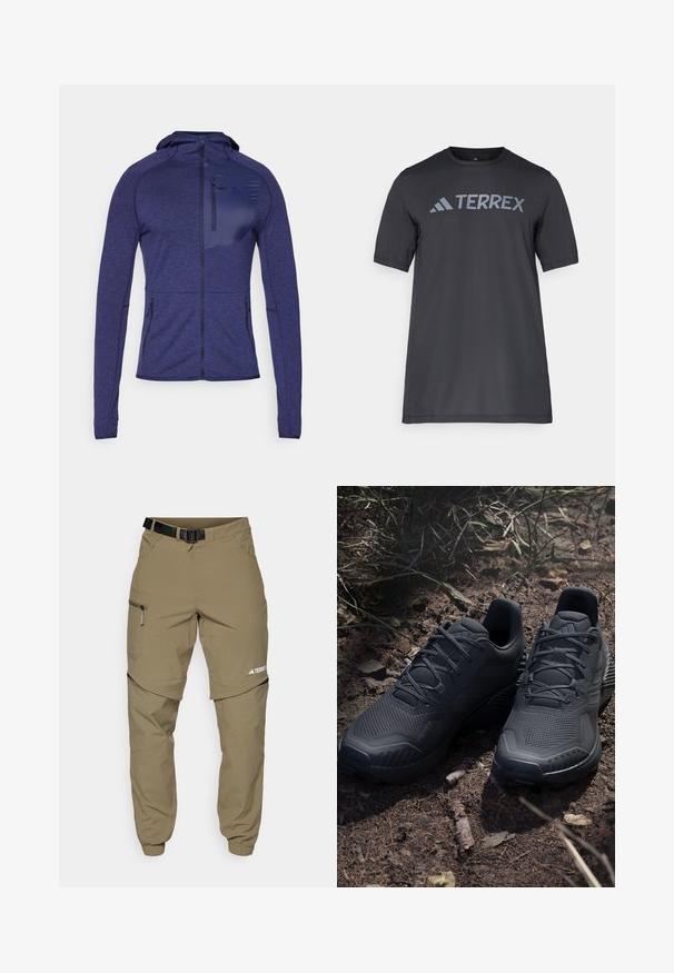 Jūrinis užtrauktukas megztinis, pagamintas iš tekstūruotos medžiagos, su vientisos spalvos pleistru ant krūtinės, dviem šoninėm kišenėm ir su raišteliu reguliuojama kapu.; Juodas trumpų rankovių marškinėliai iš lengvo audinio, su šviesiai pilku „TERREX“ logotipu krūtinėje ir apvaliu iškirpimu.; Kaki lauko kelnės su reguliuojamu juodu diržu, užtrauktukais užsegamomis kišenėmis, siaurėjančiais klešniais ir nuimamomis apatinėmis dalimis, skirtomis įvairiems stiliams.; Juodi sportiniai batai su tekstūriniu megztu paviršiumi, sustiprinta nosimi ir paminkštintu padu, išdėstyti ant žemės, kurioje išsibarsčiusios šakelės.