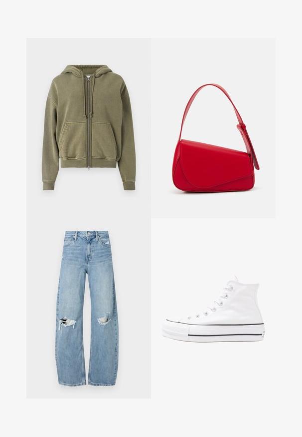 Hanorac verde măsliniu, cu fermoar, fabricat dintr-un material moale de fleece. Dispune de o glugă cu șnur, buzunare tip kangaroo și manșete ribbate.; Bluză florală cu mâneci lungi și puff, bază de crem deschis, cu modele florale în nuanțe de violet, portocaliu și verde, și design cu guler clasic.; Jeans de denim, de un bleu deschis, cu talie înaltă. Au picioare late, două zone rupte la genunchi și un stil clasic cu cinci buzunare.; Adidași albi tip pantofi sport cu glezna din pânză, cu talpă din cauciuc negru, capac de vârf din cauciuc frontal și șase ochiuri pentru șireturi, având un design curat și minimalist.; Geantă de mână din piele roșie, cu un design unghiular și geometric. Dispune de o singură curea ajustabilă și un sistem de închidere cu clapetă, cu detalii cusute.