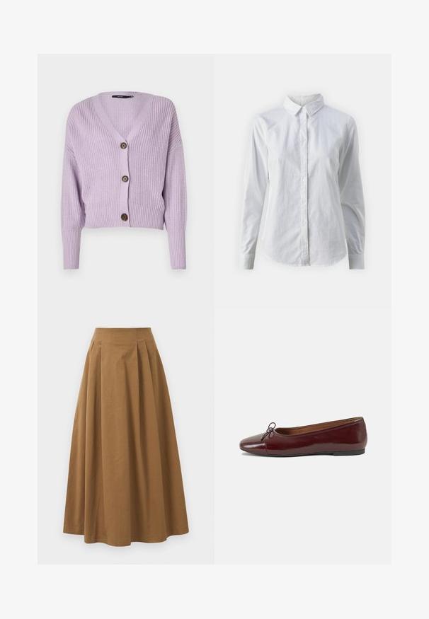 Světle fialový pletený kardigan s výstřihem do V, třemi hnědými knoflíky a žebrovanými manžetami. Má zkrácený střih a strukturovanou látku.; Bílá košile na knoflíky vyrobená z hladké bavlny, s klasickým límcem, dlouhými rukávy a zakřiveným spodním lemem. Knoflíky jsou malé a bílé.; Hnědá bavlněná sukně ve stylu A s vysokým pasem, se sklady na přední straně a hladkou texturou. Lemování je čisté a jednoduché.; Burgundské lakové baleríny s kulatou špičkou, malou mašlí vpředu a nízkou černou gumovou podrážkou. Hladký povrch.
