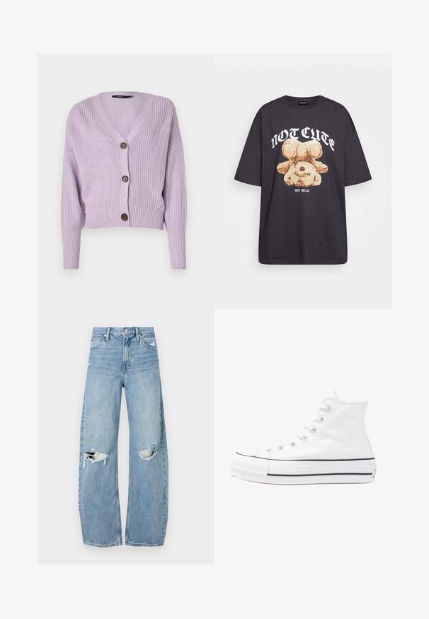 Heledad lilla kardigan V-kaelusega, millel on kolm pruuni nupukest ja soonikuga varrukad. Omab lühendatud disaini ja tekstureeritud kangast.; Musthave musta t-särk, millel on karu graafika ja tekst "EI NII NÄDALA, KUID MÄRG" paksult valgete tähtedega. Puuvillane materjal.; Heledad hallideega sinised teksad, millel on kõrge talje. Teksade jalgadel on lai alus, kaks rebitud kohta põlvede ümber ning klassikaline viie tasku stiil.; Valge kõrgem kangast tenniseking, millel on must kummist tald, ees kummist varvasetugi ja kuus aukku paelte jaoks, pakkudes puhta ja minimalistliku disaini.