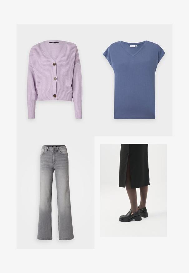 Šviesiai purpurinis megztinis su V formos iškirpte, trimis rudais mygtukais ir raukinėtu rankogaliu. Turi trumpą dizainą ir tekstūruotą audinį.; V formos iškirptės, trumpomis rankovėmis marškinėliai, švelnios mėlynos spalvos, pagaminti iš minkštos medvilnės medžiagos su lygiu paviršiumi ir laisvu pjūviu.; Aukštai juosmens tiesios kojos pilkos džinsinės kelnės su priekiu užsegamu mygtuku ir užtrauktuku, priekiniais ir galiniais kišenėmis, bei išblukimu ant šlaunų ir blauzdų.; Juodos odinės bateliai su apvaliu nosiu, stora blokine pakulne ir elastingais šonais, derinami su tamsiomis pėdkelnėmis ir juoda sijonu su plyšiu.