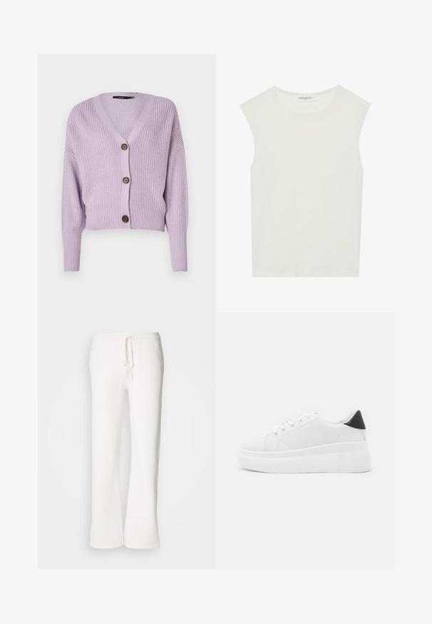 Helllila gestrickte Strickjacke mit V-Ausschnitt, drei braunen Knöpfen und gerippten Bündchen. Sie hat ein kurzes Design und einen strukturierten Stoff.; Weißes ärmelloses Top mit rundem Ausschnitt. Hergestellt aus glattem Stoff, hat es einen lässigen Schnitt und minimalistisches Design. Keine Muster oder Akzente.; Weiße, locker sitzende Schlafanzughosen aus weichem Material, mit einem elastischen Bund und Kordelzug sowie geradem Bein.; Weiße Plateausneaker aus glattem Kunstmaterial, mit runder Zehenform, Schnürdesign und einer strukturierten Gummisohle. Schwarzer Fersenakzent.