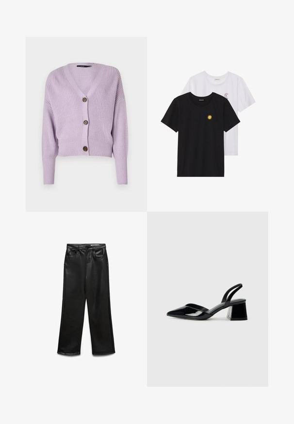 Svijetloplavi pleteni kardigan s V-izrezom, tri smeđa gumba i rebrastim rukavima. Ima skraćeni dizajn i teksturiranu tkaninu.; Crne i bijele majice, okrugli izrez, kratki rukavi. Crna majica ima žuti vez suncem; bijela majica ima ljubičasti naglasak u obliku polumjeseca.; Crne široke hlače od umjetne kože s prednjim džepovima, petljama za remen i suptilnim sjajem. Glatka tekstura i krojena kroj.; Crne lakirane kožne sandale s otvorenom petom i špicastim vrhom, s geometrijskom blok petom. Imaju elegantan, minimalistički dizajn i glatku teksturu.