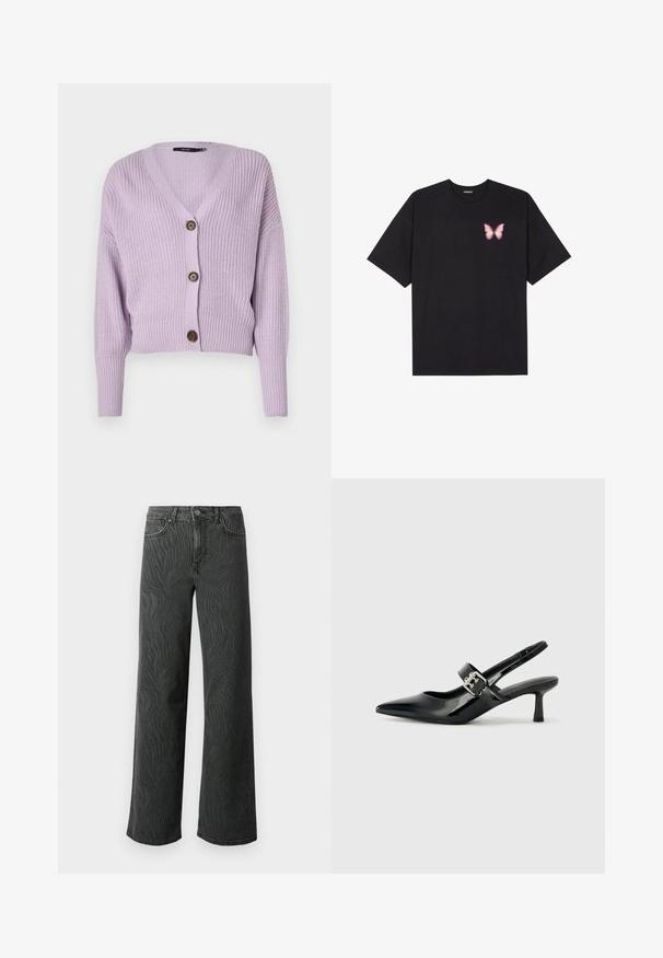 Helllila gestrickte Strickjacke mit V-Ausschnitt, drei braunen Knöpfen und gerippten Bündchen. Sie hat ein kurzes Design und einen strukturierten Stoff.; Schwarzes Baumwoll-T-Shirt mit kurzen Ärmeln, das ein kleines pinkes Schmetterlingsmotiv auf der linken Brust zeigt. Crewneck-Design mit einem entspannten Schnitt.; Weite Jeans aus dunkelgrauem Denim, mit einer subtilen Zebra-Muster-Struktur, kontrastierenden Nähten und einem Fünf-Taschen-Design mit einem Knopfverschluss.; Schwarze Lackleder Slingback-Absätze mit spitzem Zeh und kleinem Blockabsatz, ausgestattet mit einem silbernen Schnallenakzent am Riemen.