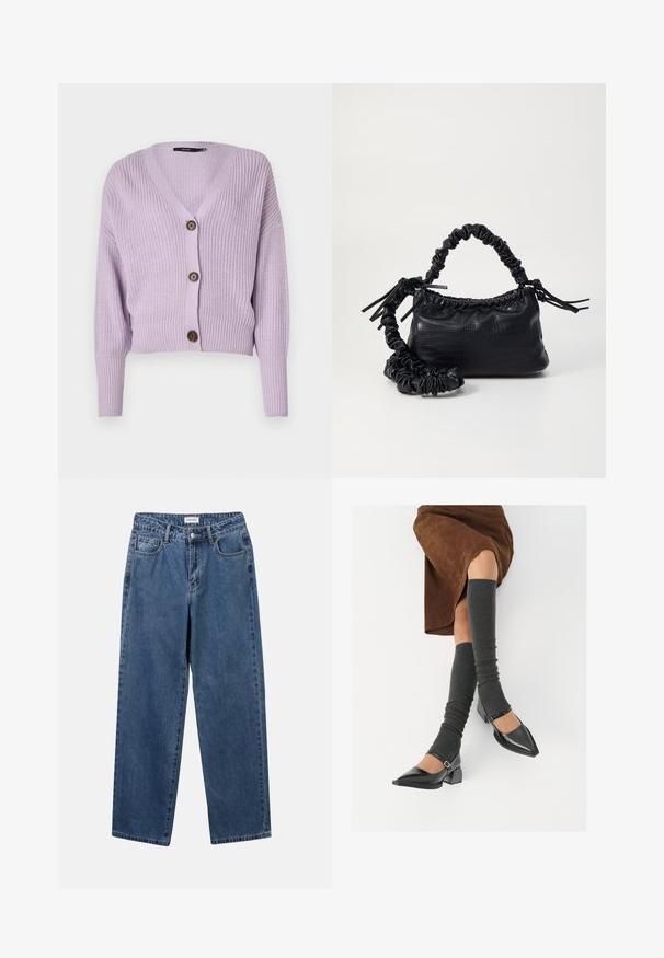 Light purple knitted cardigan with a V-neck, three brown buttons, and ribbed cuffs. Features a cropped design and textured fabric.; YAS YASMILLE - Polo shirt - black/star white; Classic blue denim jeans with a straight-leg design, five pockets, and a button closure. Features a medium wash and sturdy texture.; Black patent leather pointed-toe shoes with a block heel and ankle strap, paired with gray ribbed leg warmers and a brown suede skirt.; Black faux leather handbag with a crocodile texture, cinched top, and a scrunched strap. Appears soft and compact in design.