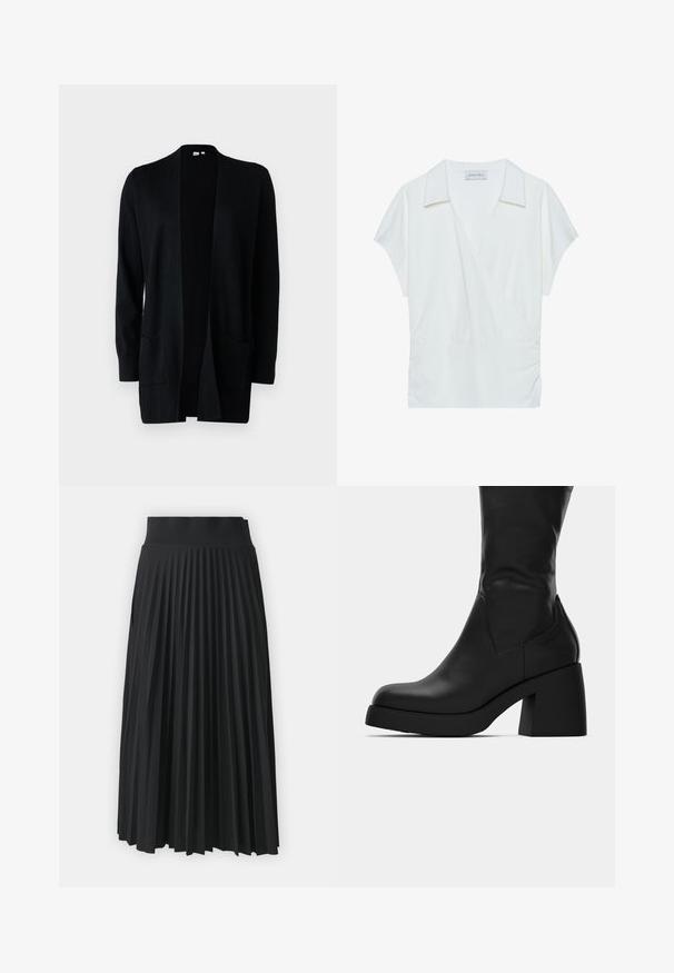 GAP V-BELLA OPEN THIRD - Strickjacke - true black; Weiß-kragenbluse mit Wickeldesign aus glatter Stoffqualität, ausgestattet mit kurzen Ärmeln und gerafften Details an der Taille für einen lässigen Sitz.; Schwarzer, gefalteter Rock mit breitem Taillenbund, der gleichmäßige vertikale Falten aufweist. Glatte Textur mit fließendem Design.; Schwarze Lederstiefelette bis zur Mitte der Wade mit kräftigem Blockabsatz und runder Zehenpartie, seitliche Ansicht auf weißem Hintergrund.