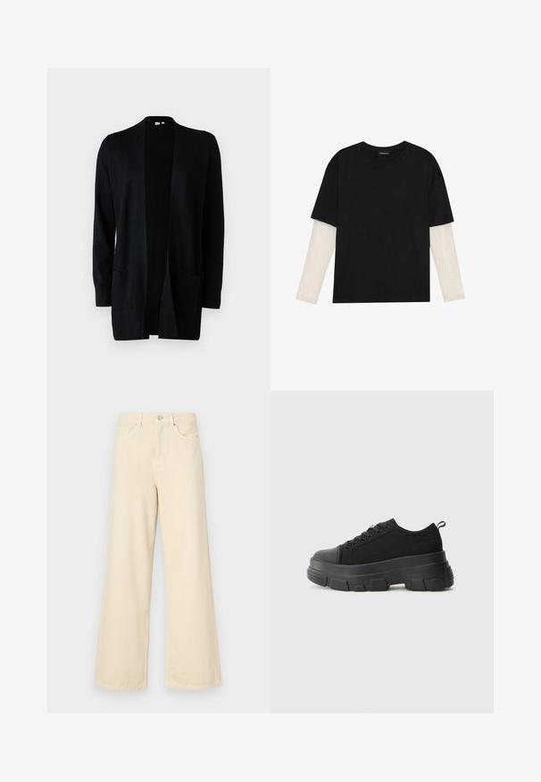 GAP V-BELLA OPEN THIRD - Adīta jaka - true black; Melna kokvilnas T-kreklu ar īsām piedurknēm, virs baltas garām piedurknēm ar smalku teksturētu rakstu. Apaļas kakla izgriezuma dizains.; Bežīgas platpēdas džinses, izgatavotas no kokvilnas. Iekļauj pogu aizdari, jostas cilpas un priekšējos kabatas ar gludu, mīkstu tekstūru.; Melnas kedas ar masīvu gumijas zoli, teksturētu auduma augšdaļu, apaļu purngalu un saistīšanas dizainu. Iekļautas pastiprinātas acs atveres un aizmugurējais cilpiņas siksniņa.