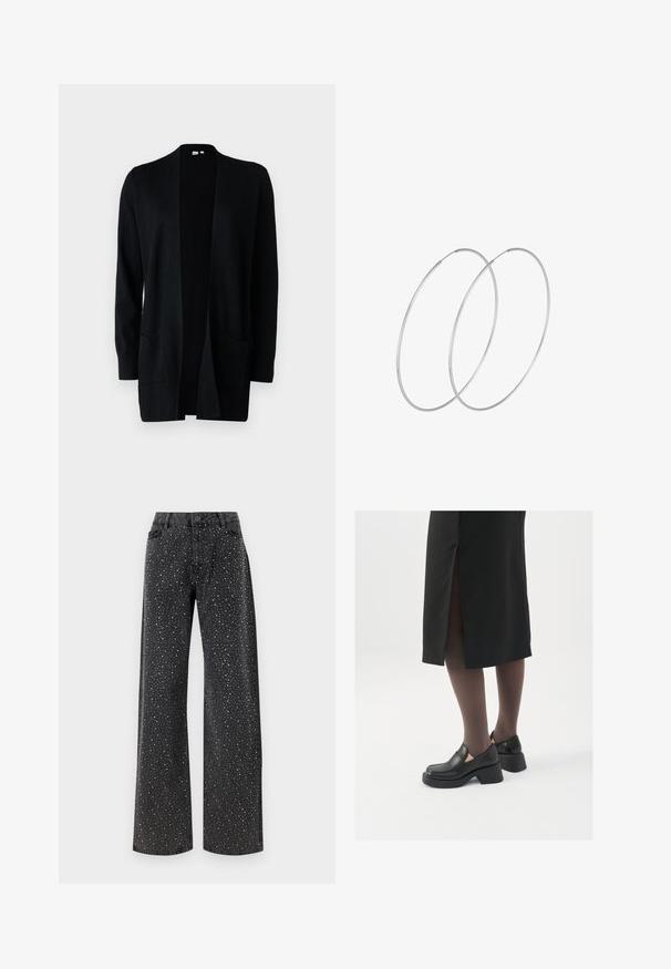 GAP V-BELLA OPEN THIRD - Strickjacke - true black; Weißes ärmelloses Tanktop aus geripptem Stoff, mit rundem Ausschnitt und figurbetonter Silhouette, minimalen Nähten und ohne Verzierungen.; Noisy May NMJANNEL LOOSE - Jeans Relaxed Fit - black denim; Schwarze Lederschuhe mit abgerundetem Zeh, dicker Blockabsatz und elastischen seitlichen Akzenten, kombiniert mit dunklen Strumpfhosen und einem schwarzen Rock mit Schlitz.; Silberne Creolen mit minimalistischem Design. Rundform, glatte Oberfläche und dünnes Profil. Leichtgewichtig mit hochglänzender Oberfläche.