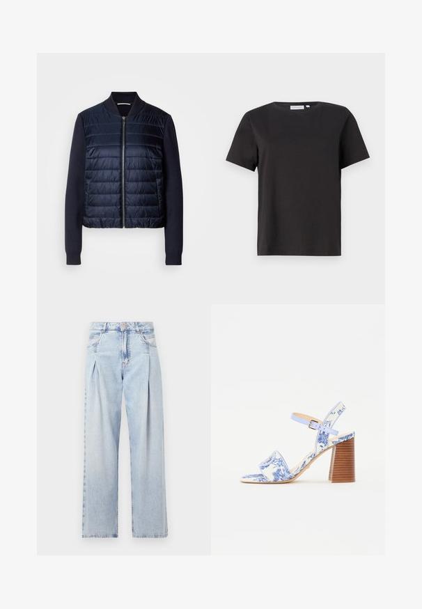 Marineblå bomberjakke med quiltet front og ribbestrikkede ermer. Har en frontglidelås og sidelommer, laget av lett stoff.; Svart bomulls-T-skjorte med korte ermer, rund hals og et enkelt, rent design. Ingen synlige mønstre eller dekorasjoner.; Lyseblå denimjeans med høy livlinje, vide ben, to sidelommer og plisserte detaljer. Myk tekstur med en falmet finish.; Blå blomstermønstret sandal med firkantet tå, bred stropp og justerbar ankelstropp, med en teksturert treblokkhelt.