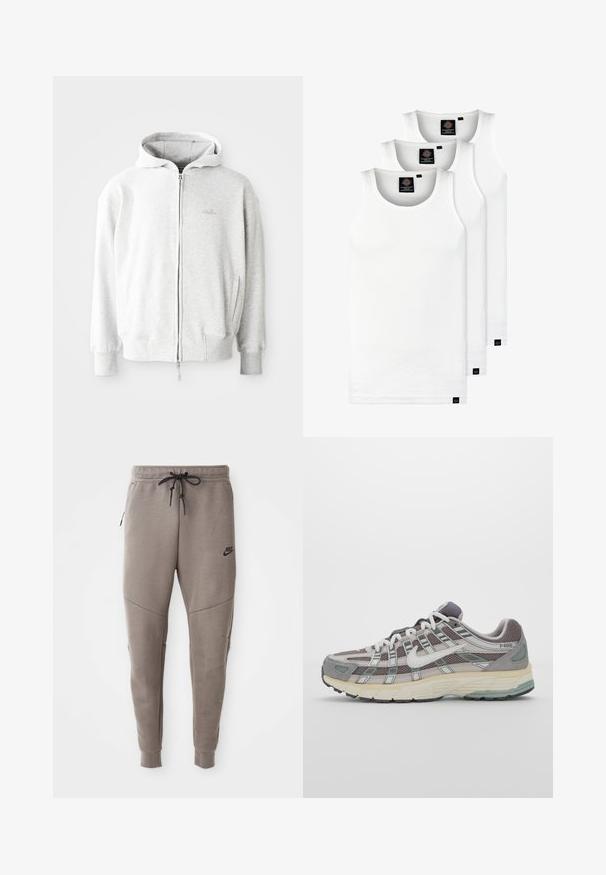 Gai pelēks ar rāvējslēdzēju aizdare mergs ar kapuci, ribotām piedurknēm un apakšmalu, kā arī mazu logotipu uz krūtīm. Izgatavots no mīksta kokvilnas auduma maisījuma.; Trīs baltas ribotas krūšturi, kas izgatavoti no kokvilnas. Iezīmēti ar apaļu kakla izgriezumu un maziem melniem etiķetēm tuvu apakšmalai. Pieejami vairākos izmēros.; Pelēki Nike sporta bikses ar aukliņu viduklī, sašaurinātiem galiem, sānu kabatām un izteiktām šuvēm. Mīksta, teksturēta auduma.; Pelēkie sporta apavi ar tīkla un zamša augšdaļu, baltiem akcentiem, mīkstinātu zoli un izcilu dizainu ar atstarotājiem.