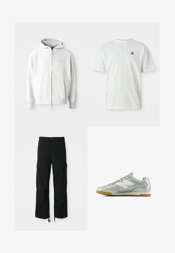 Lys grå zip-up hettegenser med snor i hetta, ribbestrikkede mansjetter og nederkant, samt en liten logo på brystet. Laget av myk bomullsblanding.; Hvit kortermet T-skjorte med en liten svart trekantlogo som inneholder "acg" på venstre bryst, enkel bakgrunn.; Svart cargo-bukser laget av slitesterkt materiale, med to sidelommer, knappelukking og justerbare hem for en løs, avslappet passform.; Sølv idrettssko med en glatt, blank overflate, hvit logo på siden, teksturerte grå snører, og såle av gummigummi.