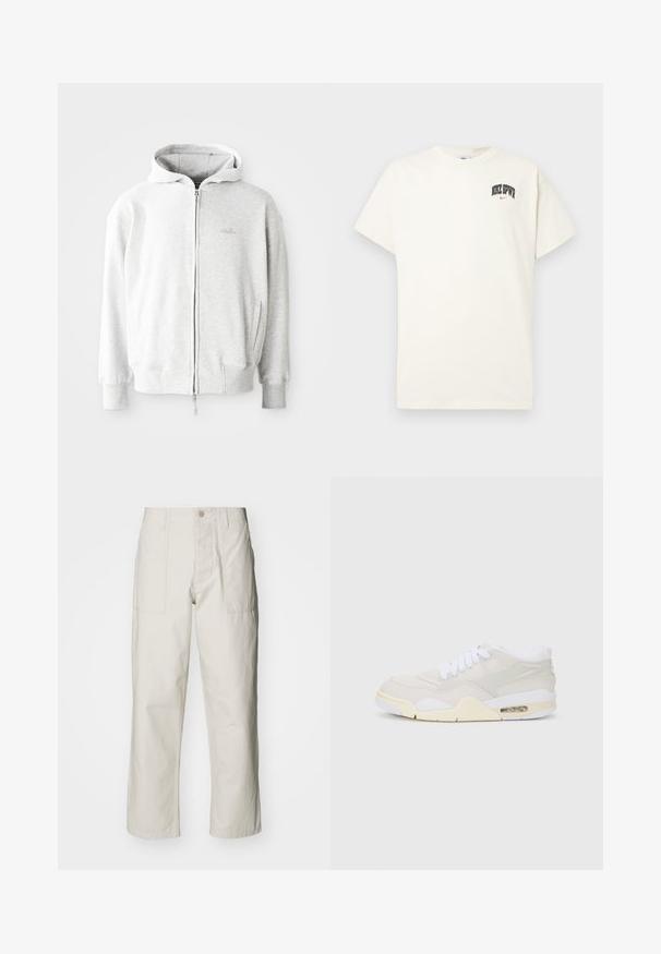 Svijetlosivi zip-up dukserica s kapuljačom na žicu, rebrastim rukavima i rubom, te malim logotipom na prsima. Izrađena od meke mješavine pamuka.; Pamučni majica boje kreme s kratkim rukavima, na prsima ima natpis "NIKE SB" u crnoj i crvenoj boji. Standardni okrugli izrez.; Svijetlosmeđe široke hlače od pamuka. Imaju prednje džepove i kopčanje na dugme. Glatka tekstura s suptilnim vertikalnim linijama.; Tenisice s gornjim dijelom od svijetlosmeđeg sintetičkog materijala, bijelim vezicama i vidljivim jastučićima. Imaju glatki potplat i suptilne bočne akcentne detalje.