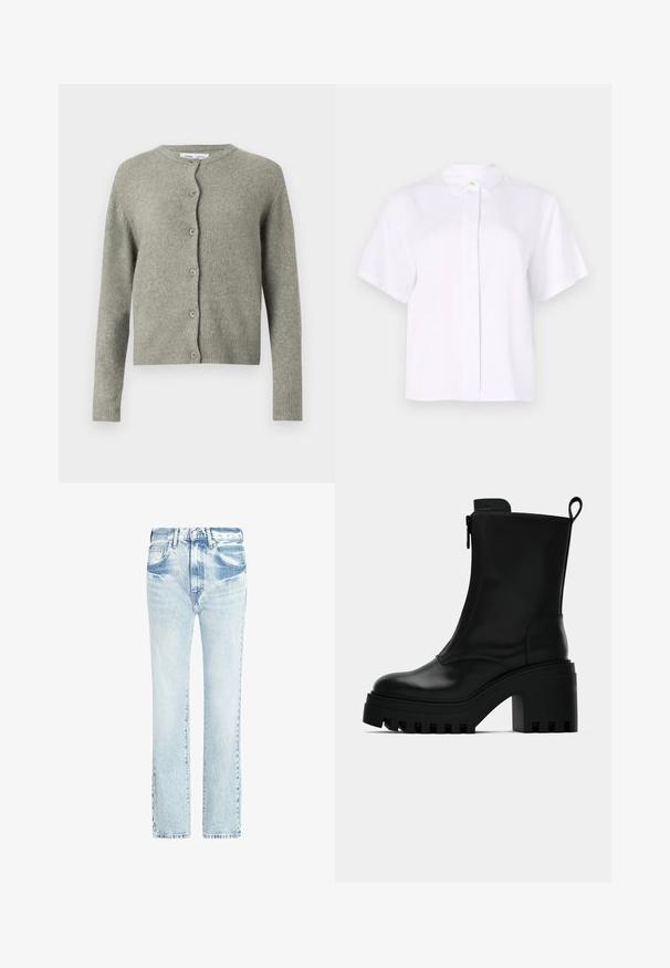 Harmaa neulottu villatakki, jossa on pyöreä pääntie, pitkät hihat ja etupainike. Ominaisuuksiin kuuluu pehmeä rakenne sekä resorit hihoissa ja helmassa.; Lyhythihainen valkoinen paita, joka on valmistettu sileästä kankaasta. Paidassa on terävä kaulus ja nappilista, jossa on vihreä korostusnappi.; Vaaleansinisiä farkkuhousuja, joissa on suora lahjetyyli, viisi taskua ja haalistunut pinta. Ominaisuuksiin kuuluvat näkyvät ompeleet ja klassinen nappisulku.; Musta nahkasaapas nilkkamalli, jossa on paksu karkea pohja, tukevat korko, sivuvetoketju ja vetonauha takana, yksivärisellä valkoisella taustalla.