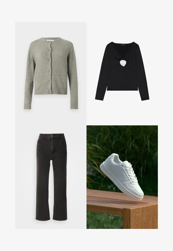 Grå, strikket cardigan med rund hals, lange ermer og knapper foran. Har en myk tekstur og ribbede mansjetter og kant.; Svart langermet topp med dyp V-hals og en hvit stoffrose i midten. Glatt tekstur med en figurnær silhuett.; Sorte vide benbukser lavet af denim, med en frontknaplukning, bæltestropper og fem lommer med en let falmet tekstur.; Hvite sneakers med en glatt syntetisk overdel, perforert tåboks, flate snørebånd og en teksturert såle, vist på en treflate.
